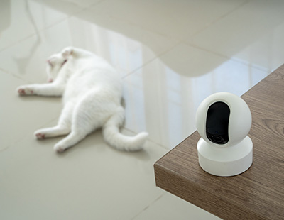 white cat lying on the floor next to a security camera on a wooden surface home monitoring 26 pet care 26 safety 26 technology