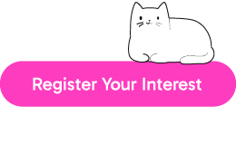 Button with the text Register Your Interest featuring a cartoon cat illustration on top and a pink background highlighting there are 20 spots available to register