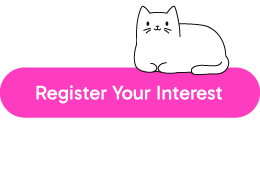 button with a cute cartoon cat and text to register your interest in a promotion related to 25 options